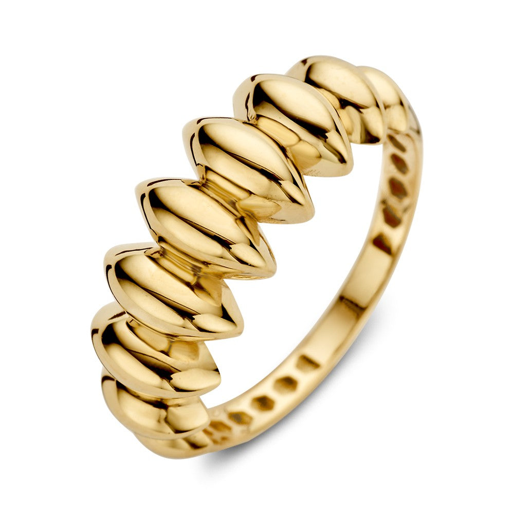 Anello in oro giallo 14 kt con design giocoso, largo 8 mm.