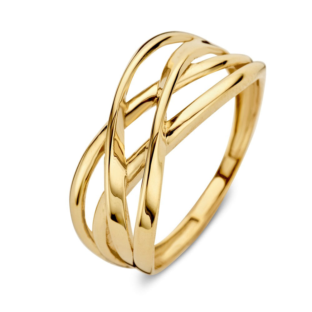 Anello in oro giallo con bande incrociate, 14 kt, larghezza 9 mm.