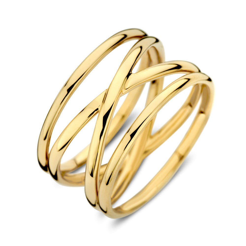 Anello in oro giallo con diverse fasce dorate, design lussuoso a tre anelli intrecciati.