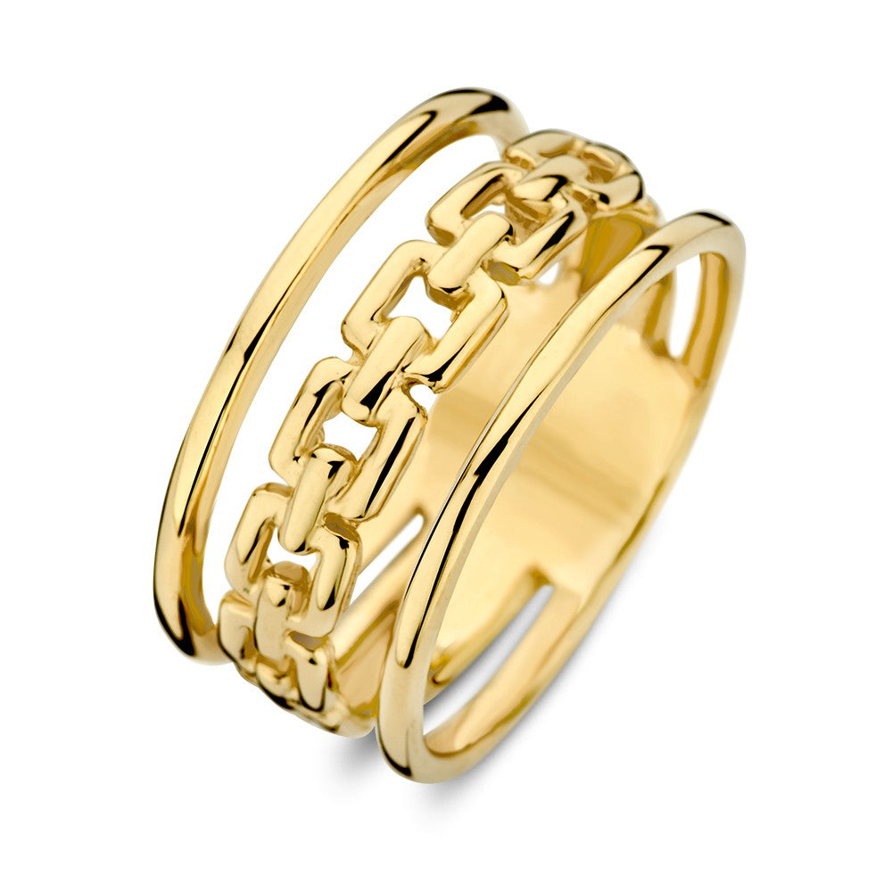 Anello in oro giallo con design a catena e bande lisce.