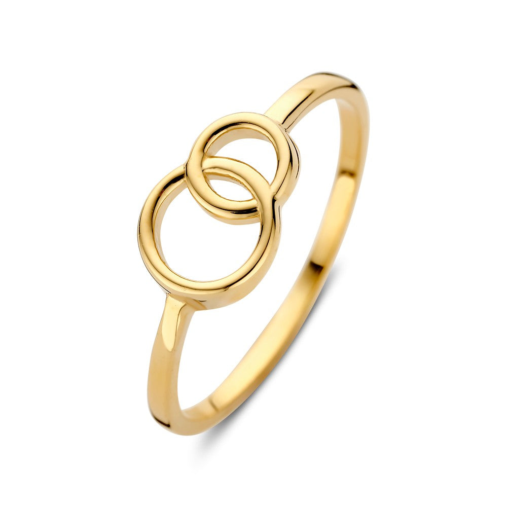 Anello in oro giallo con due cerchi interconnessi, larghezza 7,2 mm.