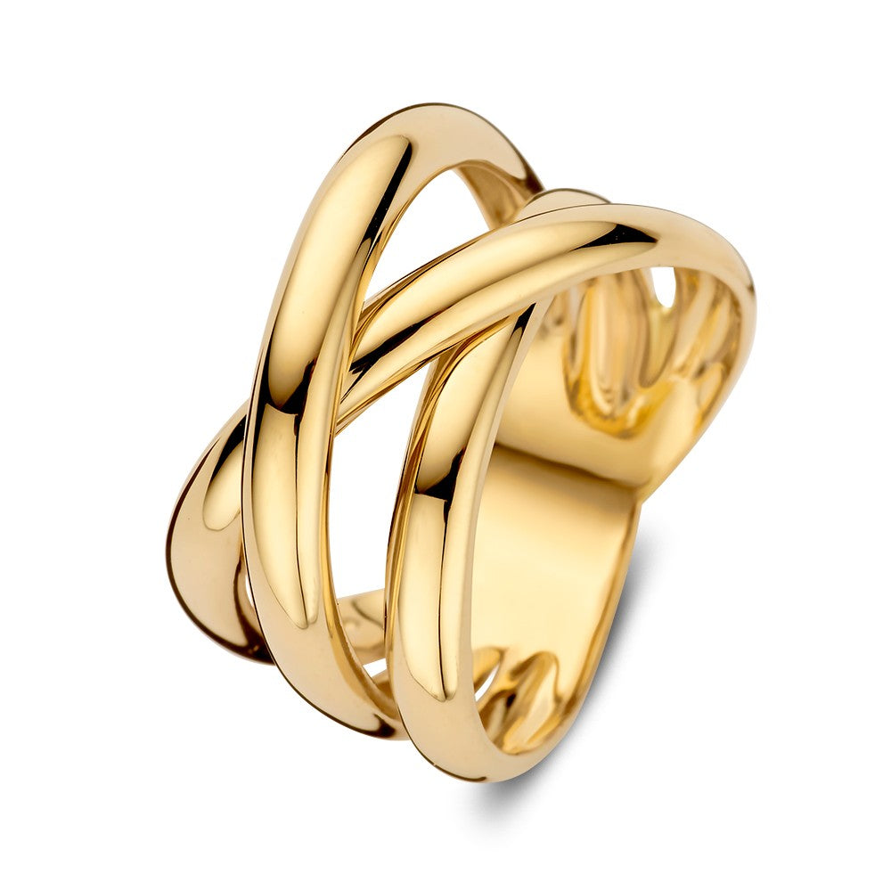 Anello in oro giallo 14 carati con design incrociato e bande lisce.