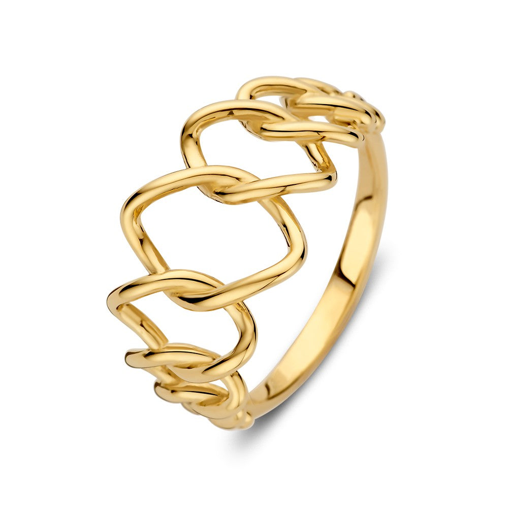Anello in oro giallo 14 kt con design aperto, largo 12 mm e peso di 2,7 grammi.