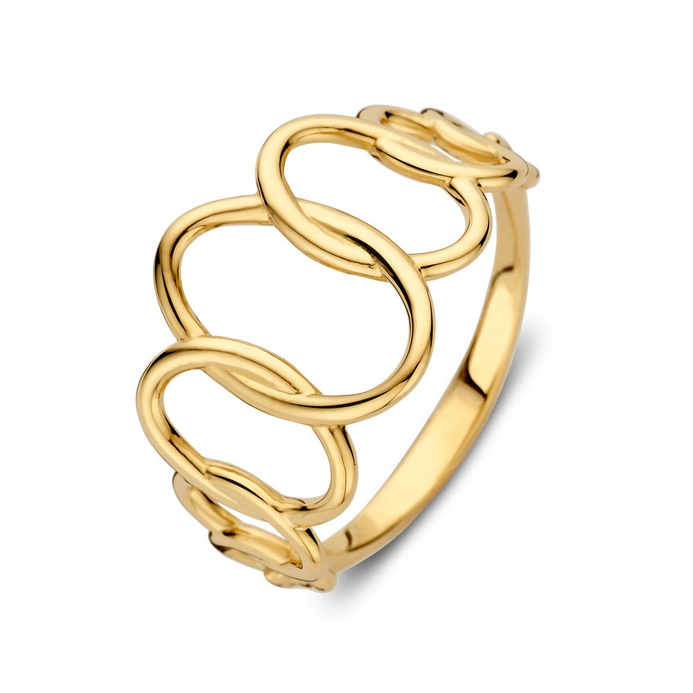 Anello in oro giallo 14 kt con design aperto, largo 14 mm e peso di 2,6 grammi.