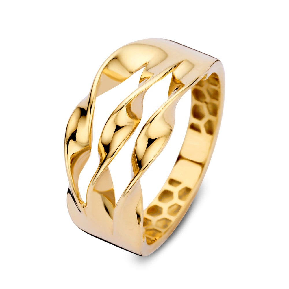Anello in oro giallo largo con tre bande dorate, design elegante e moderno.