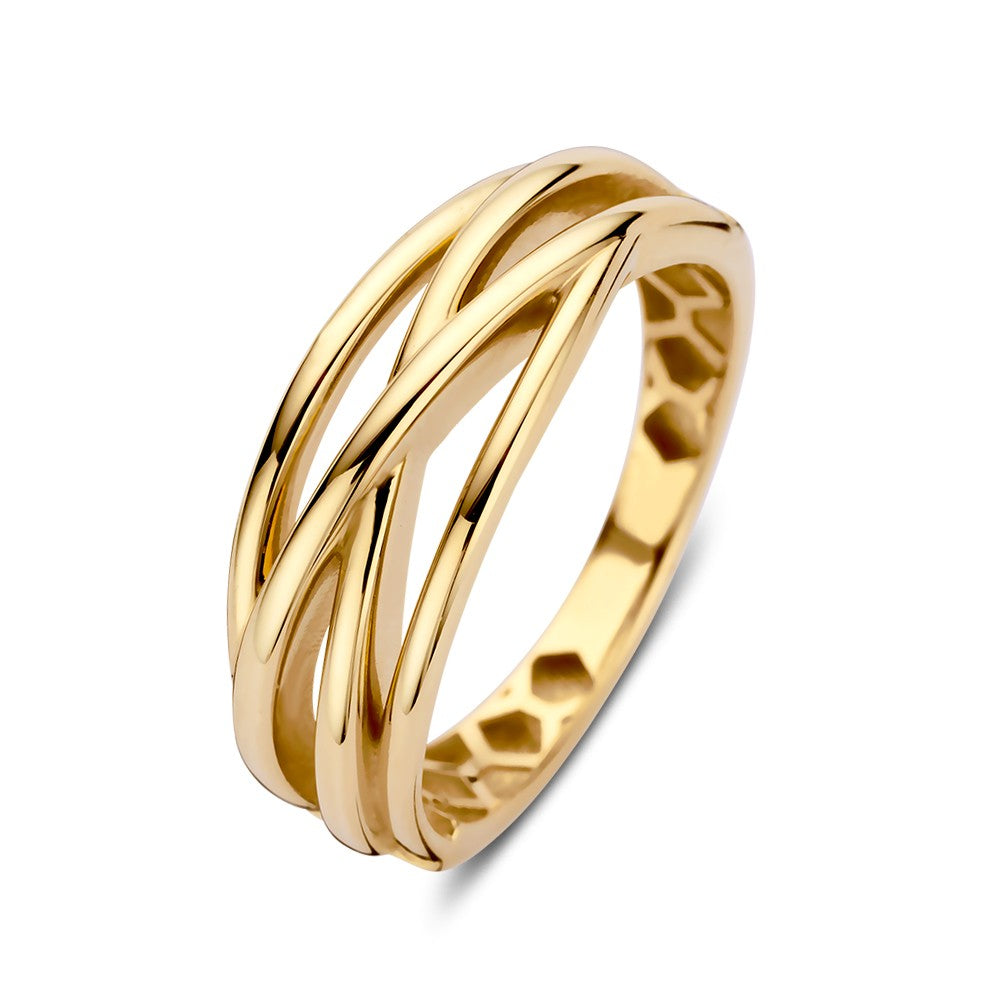 Anello in oro con quattro bande incrociate, design sottile e moderno.