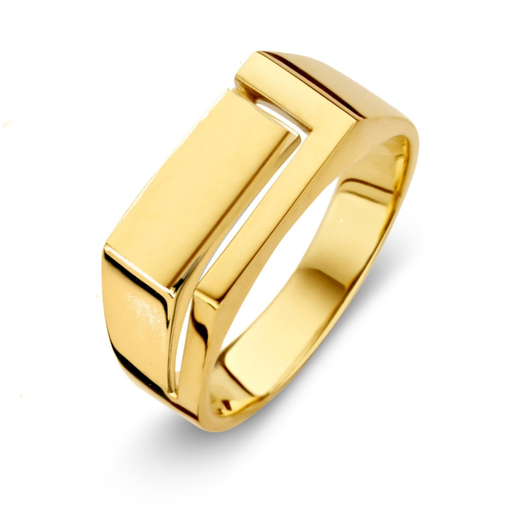 Anello da uomo in oro giallo con design moderno e linee pulite.