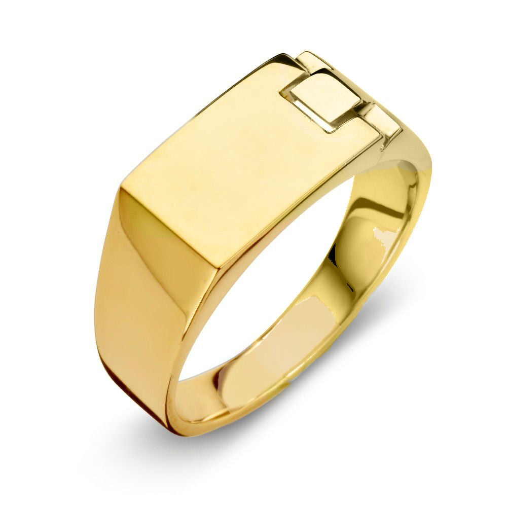 Anello maschile in oro giallo 14 carati, design robusto e forma rettangolare con dettaglio quadrato.