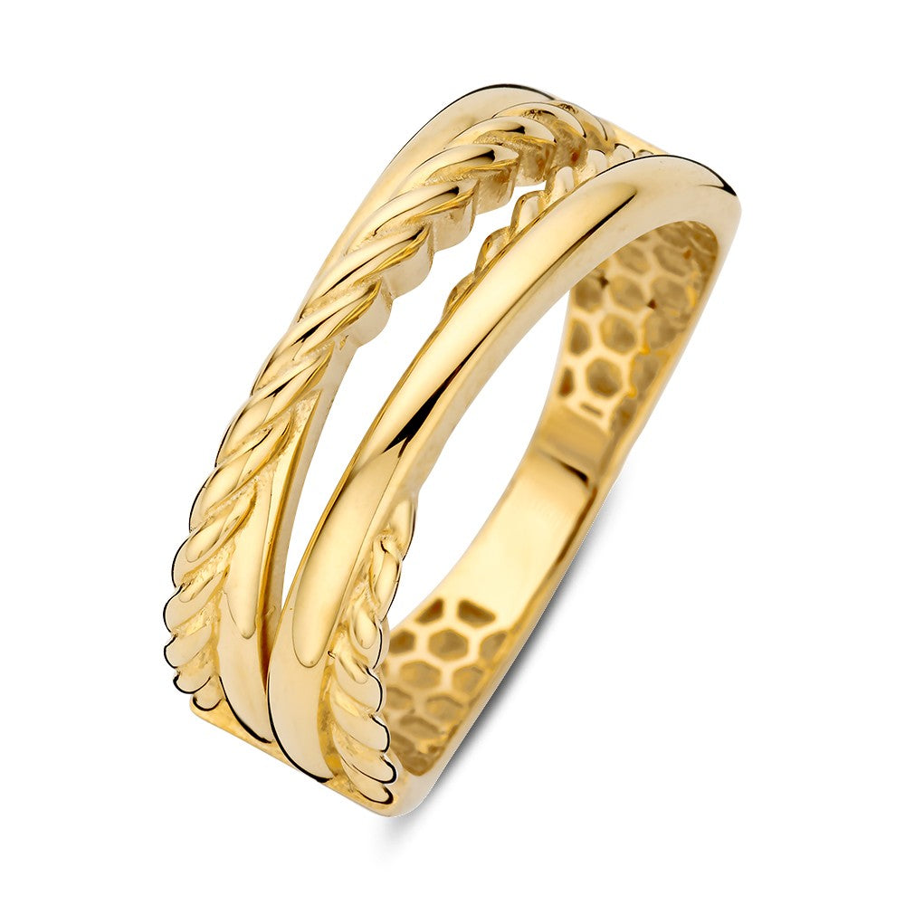 Anello in oro giallo con design intrecciato e finitura lucida.