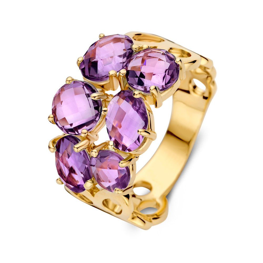 Anello in oro giallo con motivo organico e ametiste viola.