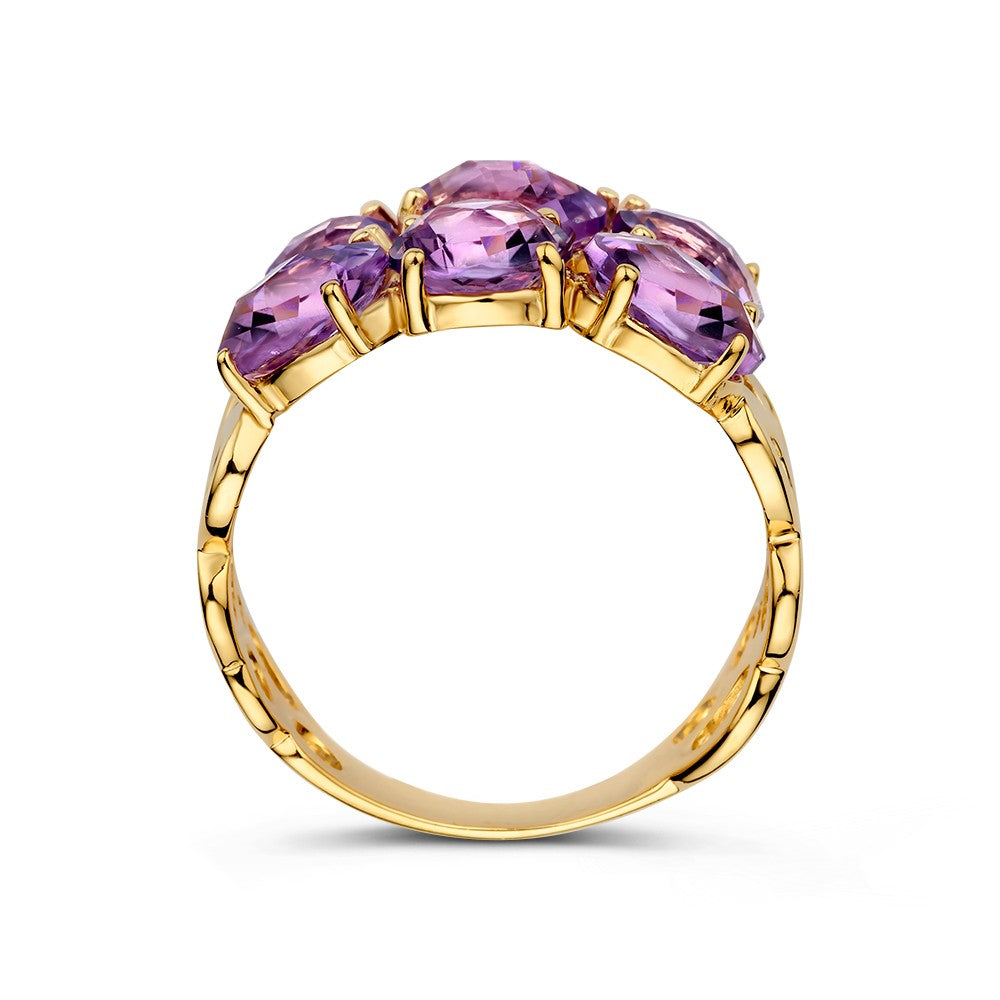 Anello Unico in Oro Giallo con Motivo Organico e Ametiste Viola