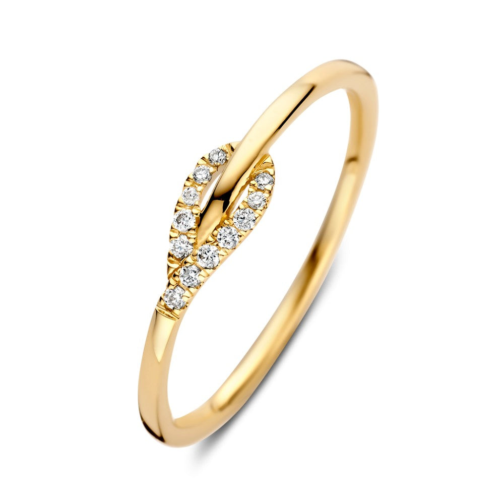 Anello in oro giallo con brillanti da 0,06 ct, design a foglia.