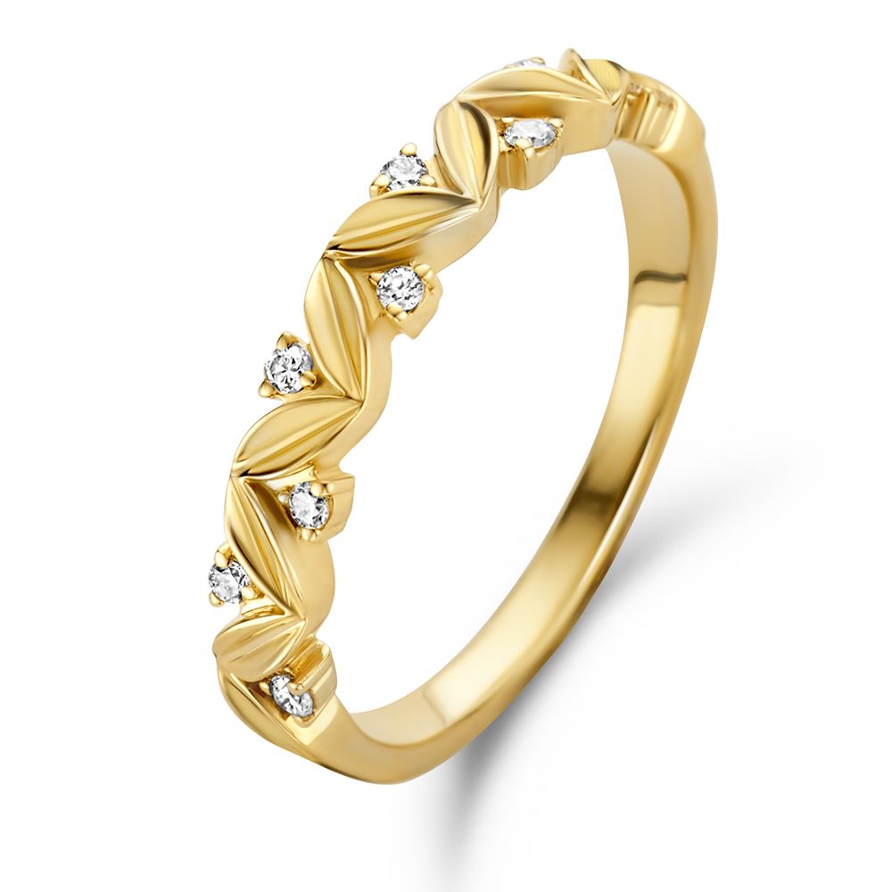 Anello in oro giallo elegante con diamanti, decorato con dettagli a foglia e brillantezza.