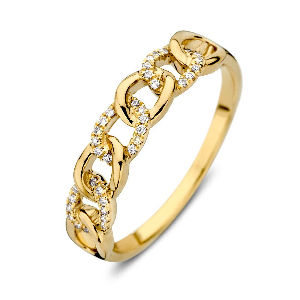 Anello in oro giallo con diamanti, design a catena, 14 carati.