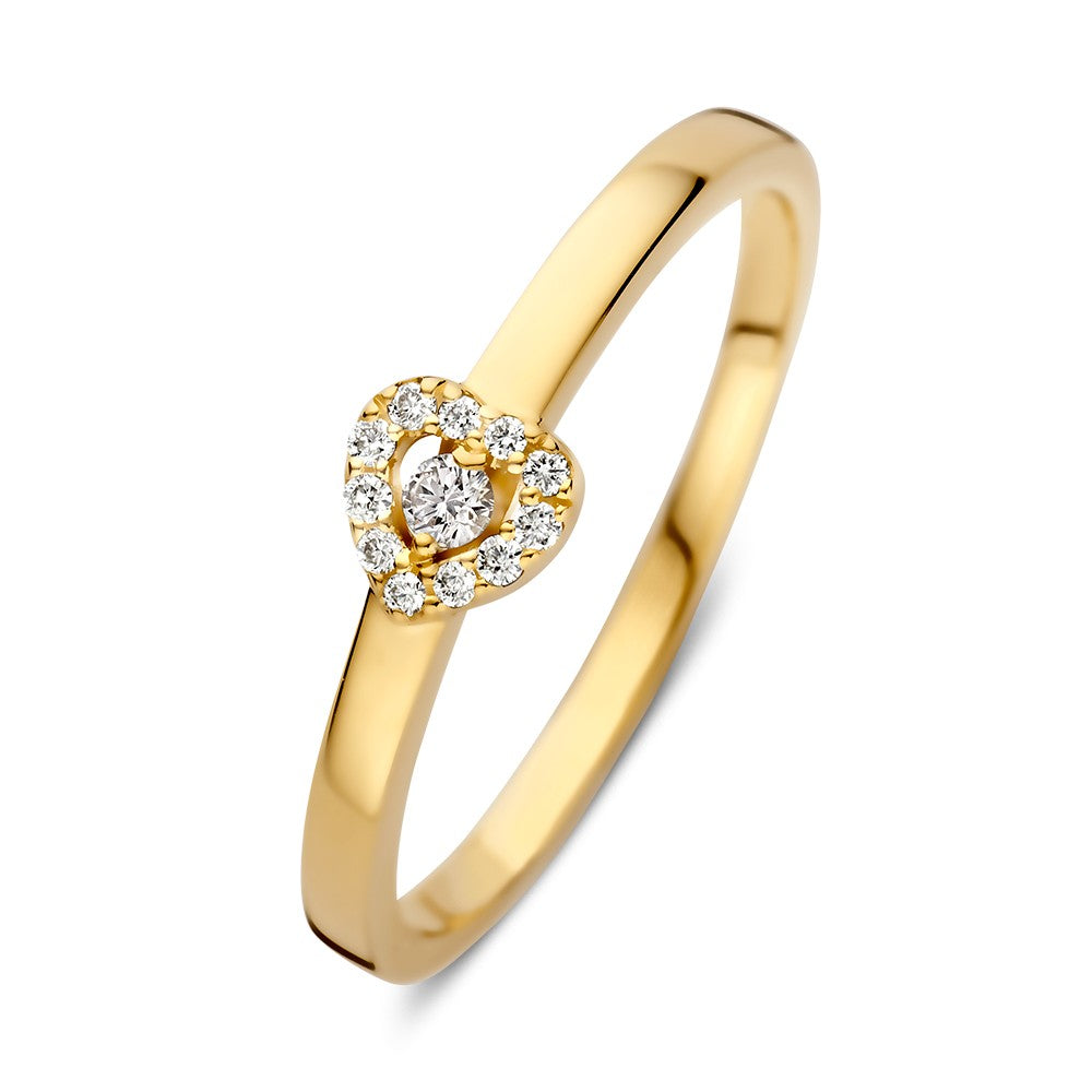 Anello in oro giallo con diamante centrale e dettagli a forma di cuore.