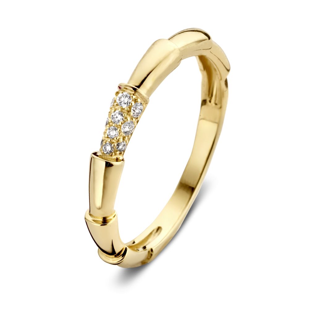 Anello in oro giallo con design a bambù e diamanti, carati 0.09.