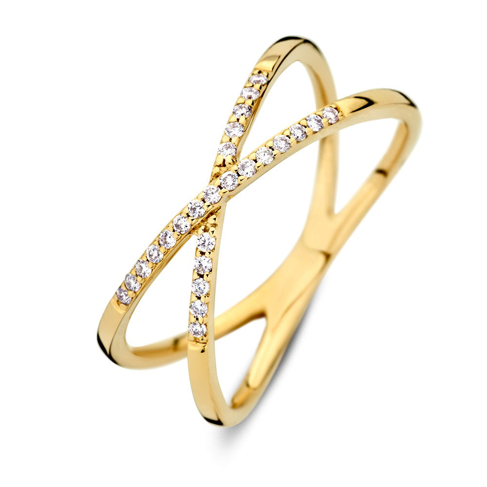 Anello in oro giallo 14 carati con bande incrociate e diamanti.