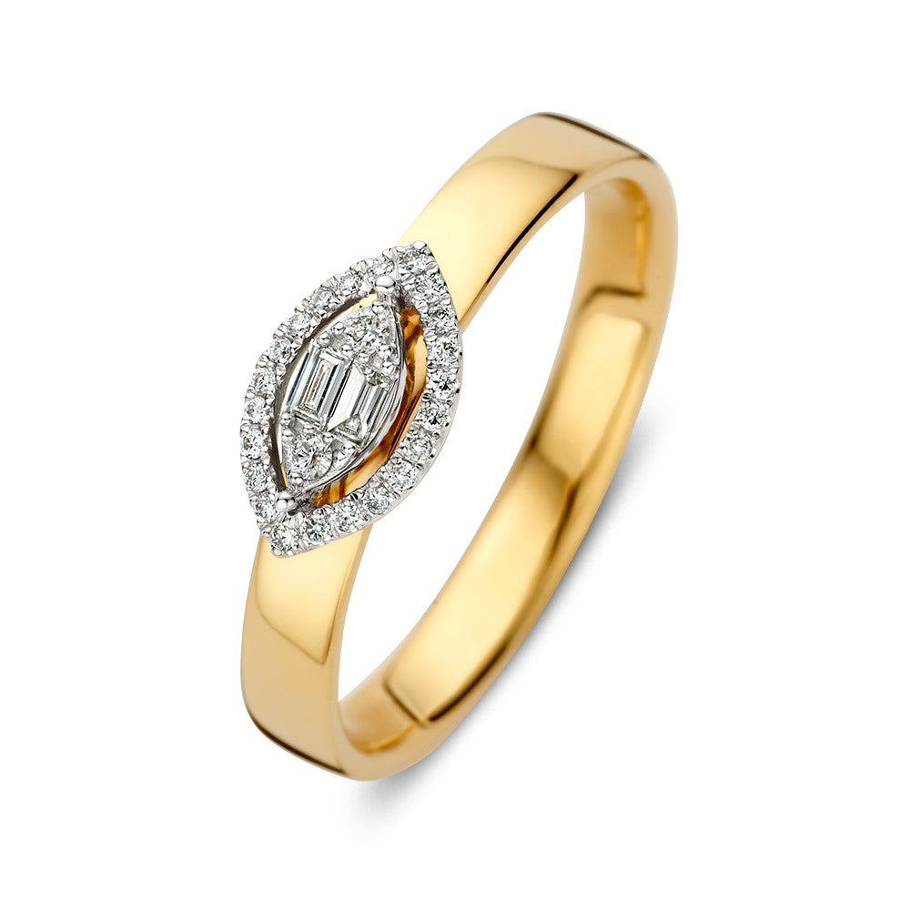 Anello in oro giallo con motivo a marquise, circondato da diamanti di 0,12 ct.