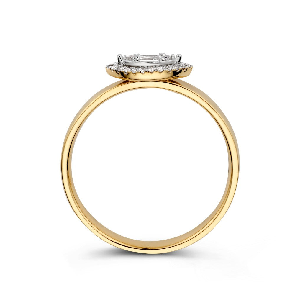 Splendido Anello in Oro Bianco e Giallo con Entourage a Marquise e Diamanti 0.12 crt.
