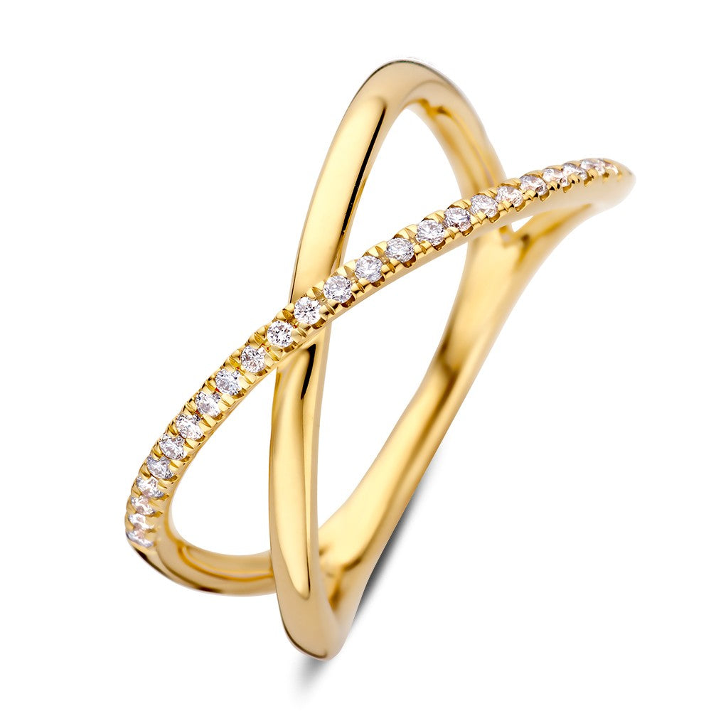 Anello in oro giallo con brillanti da 0,12 ct, design intrecciato.