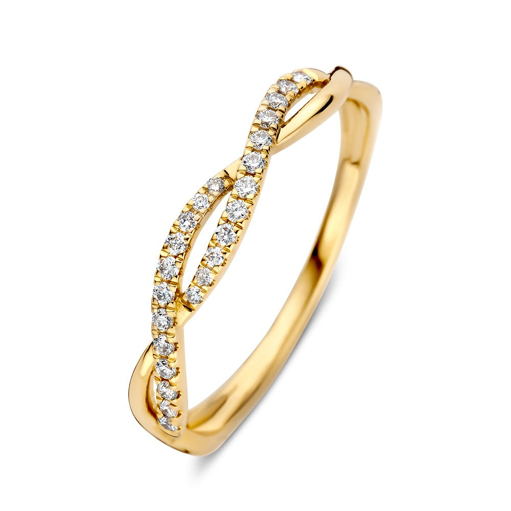 Anello in oro giallo con brillanti da 0,13 crt, design intrecciato.