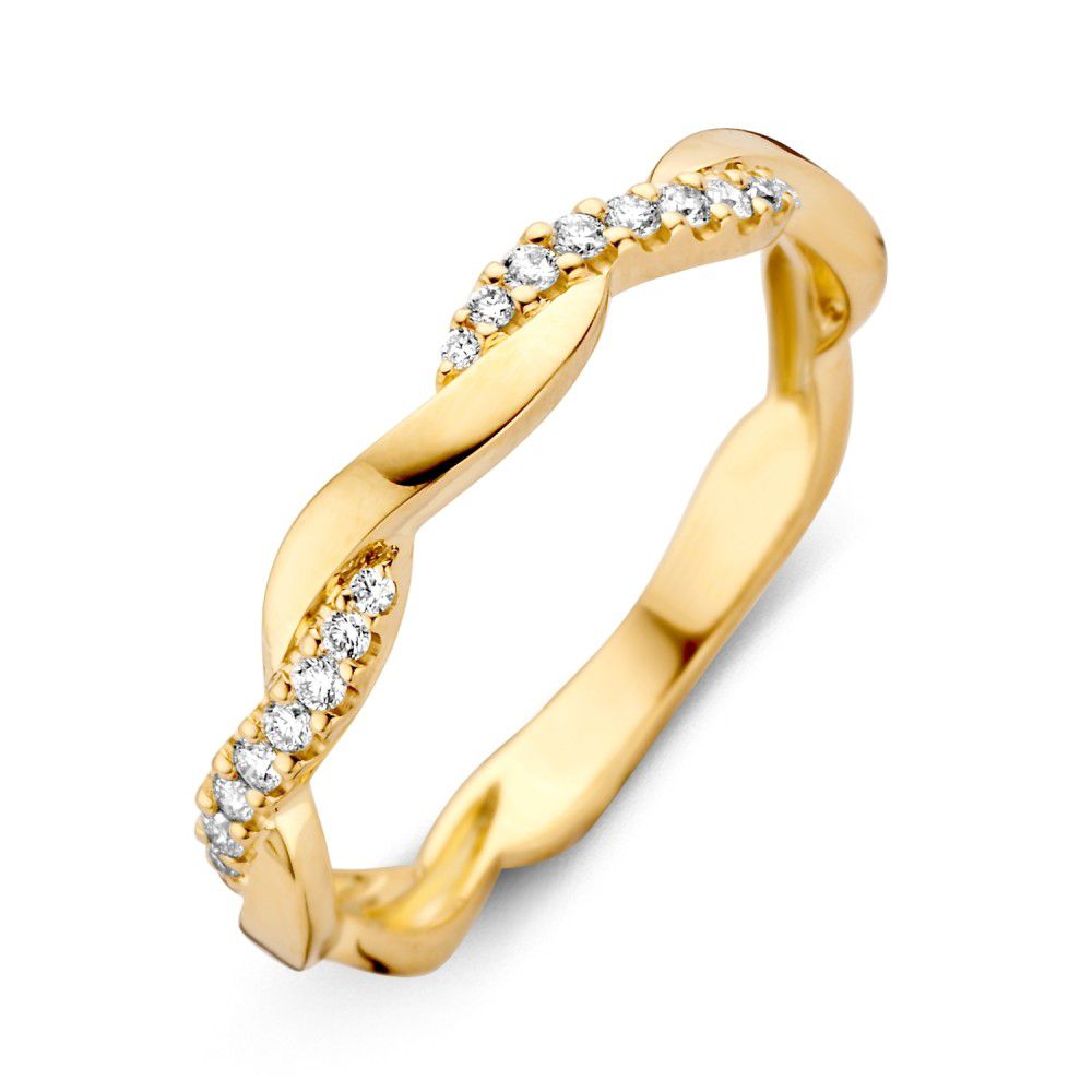 Anello in oro giallo elegante con diamante brillante da 0,14 ct, design intrecciato.