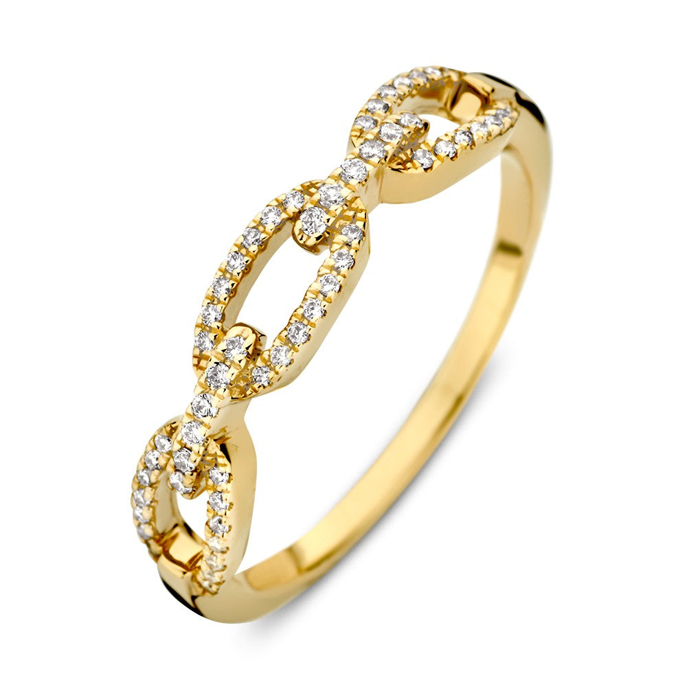 Anello in oro giallo con motivo a catena e diamanti, finitura lucida.