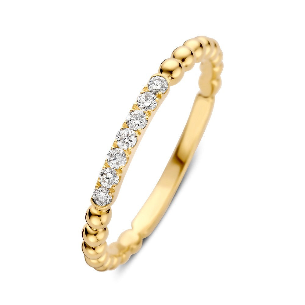 Anello in oro giallo con brillanti da 0,14 crt, design sottile e dettagli a pallini.