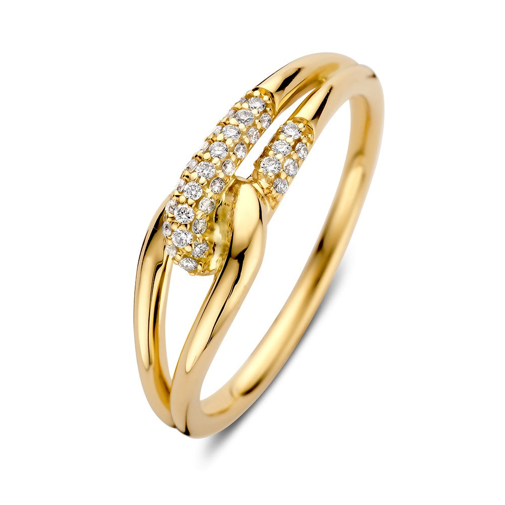 Anello in oro giallo con brillanti da 0,14 crt, design intrecciato.
