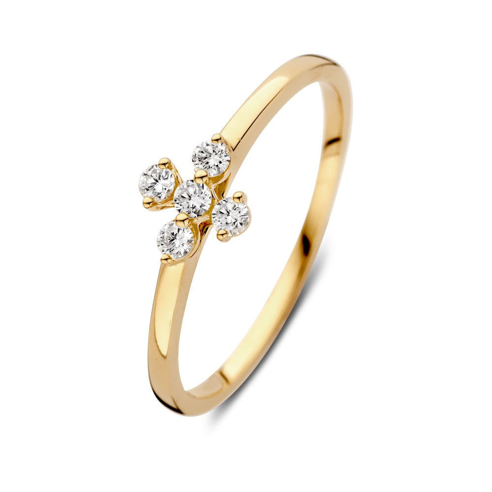 Anello in oro giallo elegante con motivo floreale e diamanti da 0,15 ct.