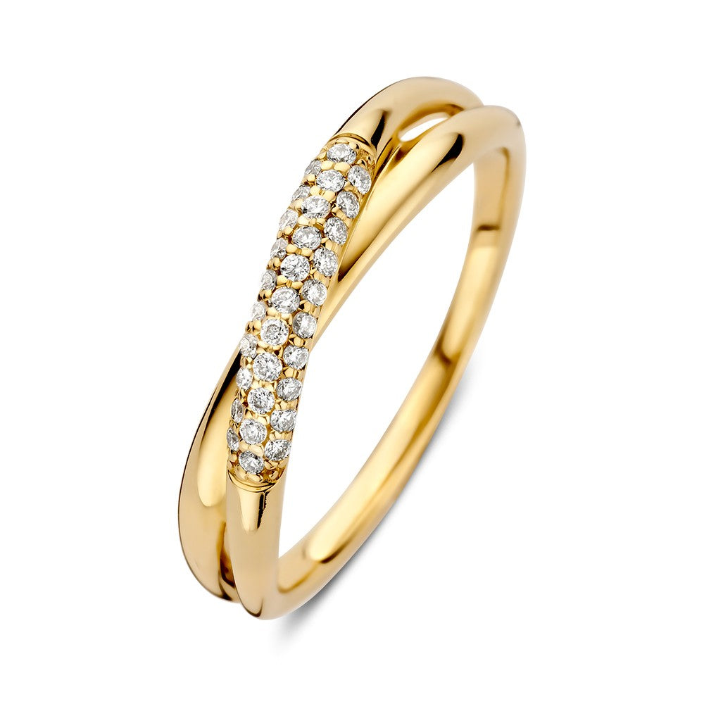 Anello in oro giallo con brillanti da 0,15 crt, design intrecciato.