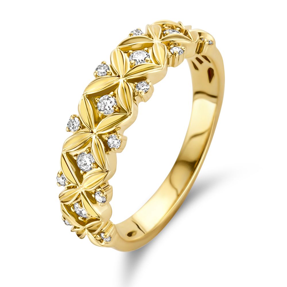 Anello in oro giallo con diamanti, decorato con un motivo floreale e brillanti.