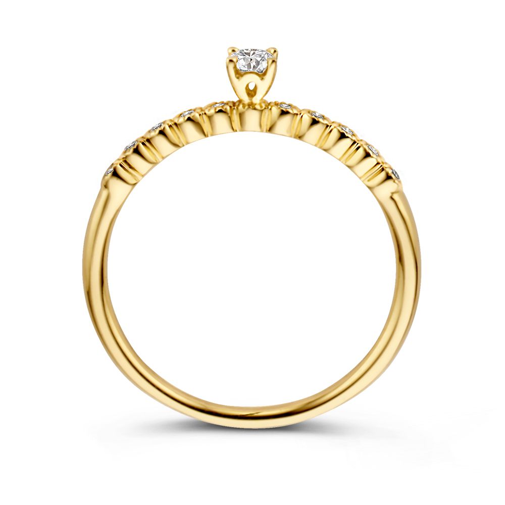 Anello Solitario Vintage in Oro Giallo con Pietre Laterali di Diamante – 14 Carati, Diamante Brillante 0,19 ct, Qualità H/SI-1