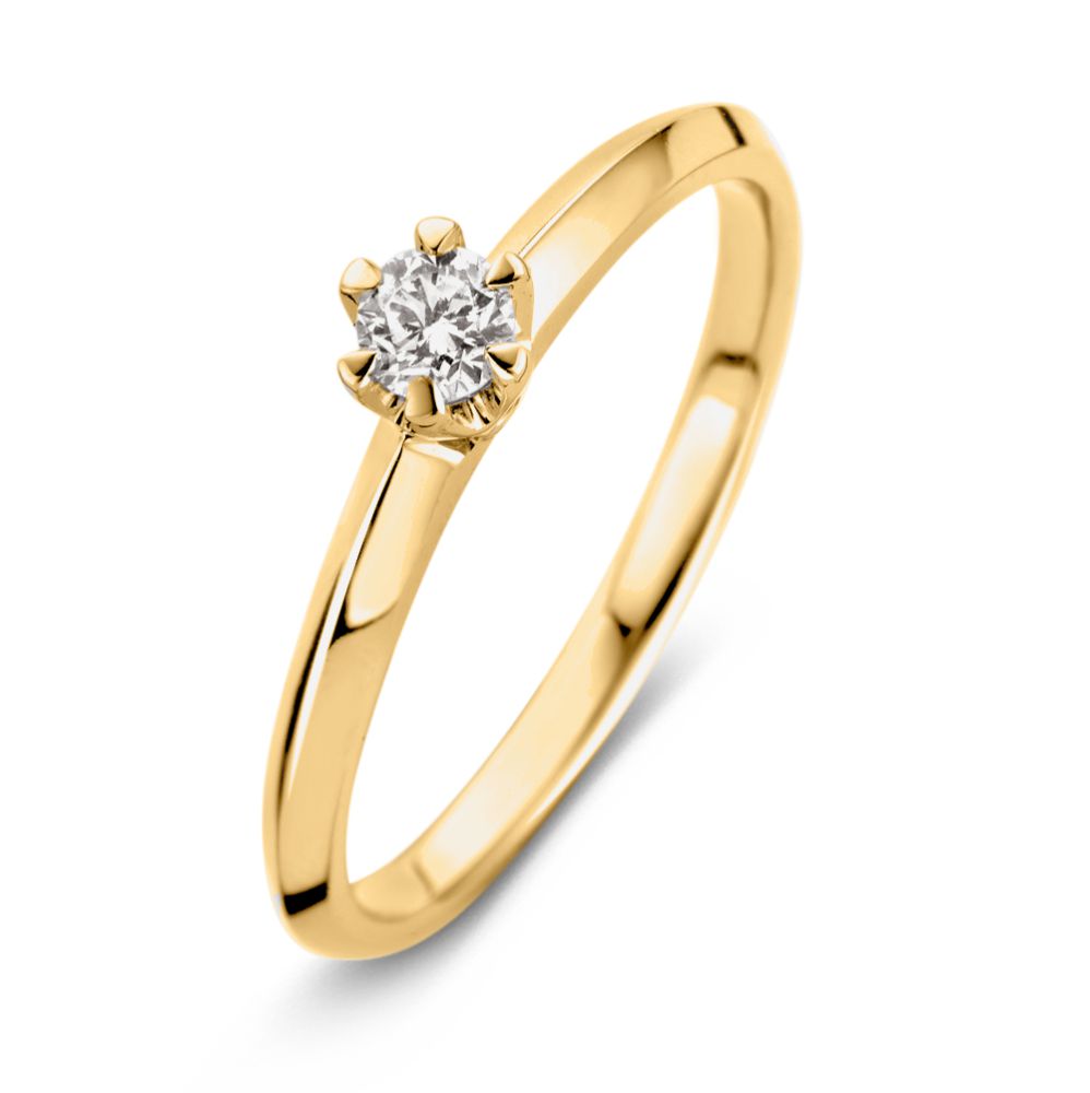 Anello solitario in oro giallo con montatura Tiffany e diamante da 0,19 ct.
