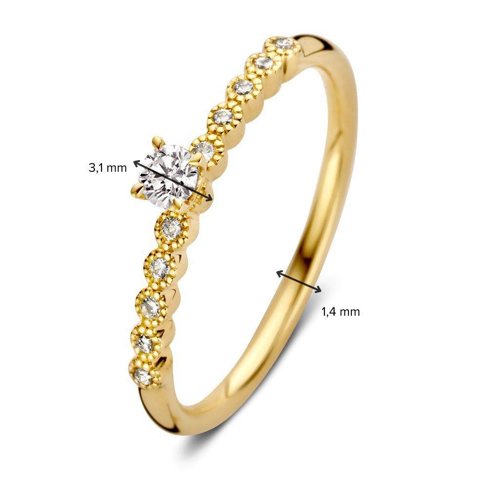 Anello Solitario Vintage in Oro Giallo con Pietre Laterali di Diamante – 14 Carati, Diamante Brillante 0,19 ct, Qualità H/SI-1