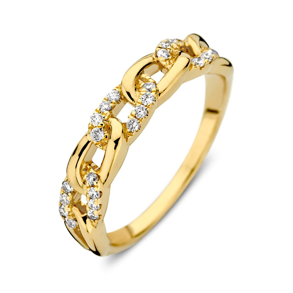 Anello in oro giallo con tre diamanti, design a catena, finitura lucida.