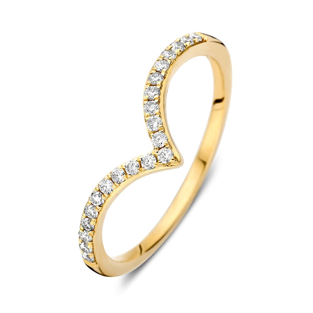 Anello in oro giallo con brillanti da 0,19 crt, design a forma di V.