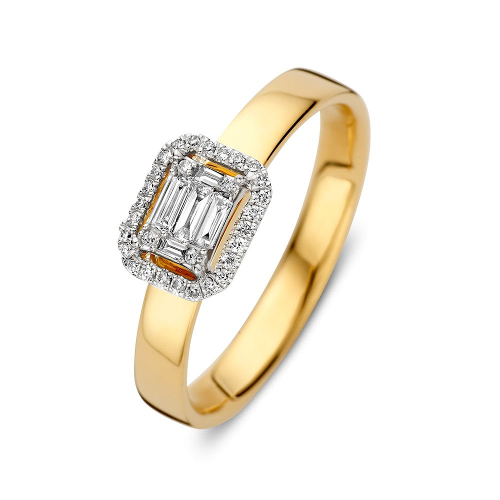 Anello bicolore elegante in oro con diamanti brillanti e baguette in incastonatura invisibile da 0,20 ct.