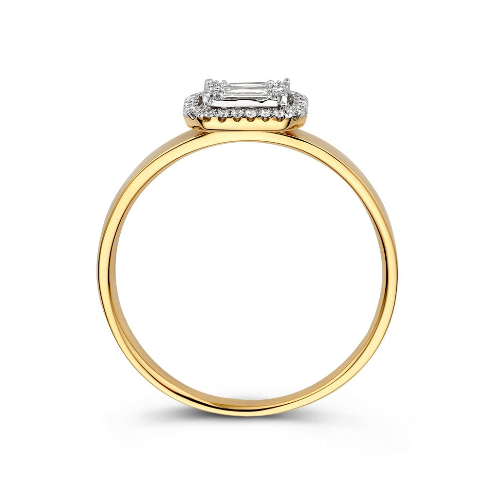 Elegante Anello Bicolore in Oro con Diamanti Brillanti e Baguette in Incastonatura Invisibile 0,20 crt.