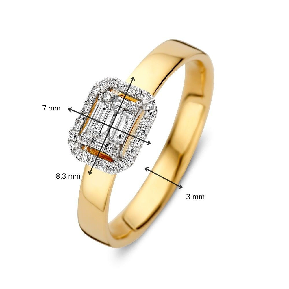 Elegante Anello Bicolore in Oro con Diamanti Brillanti e Baguette in Incastonatura Invisibile 0,20 crt.