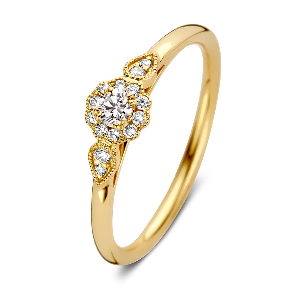 Anello in oro giallo con pietra centrale brillante di 0,21 ct e dettagli decorativi.