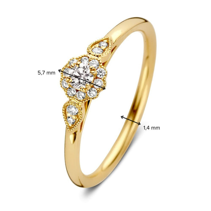 De Verfijnde Geelgouden Ring van Excellent Jewelry heeft een briljant geslepen middensteen van 0,21 crt., omringd door kleine diamanten in bloemmotief. De ringband is 1,4 mm en het edelsteencluster is 5,7 mm breed. Afmetingen met pijlen aangegeven.
