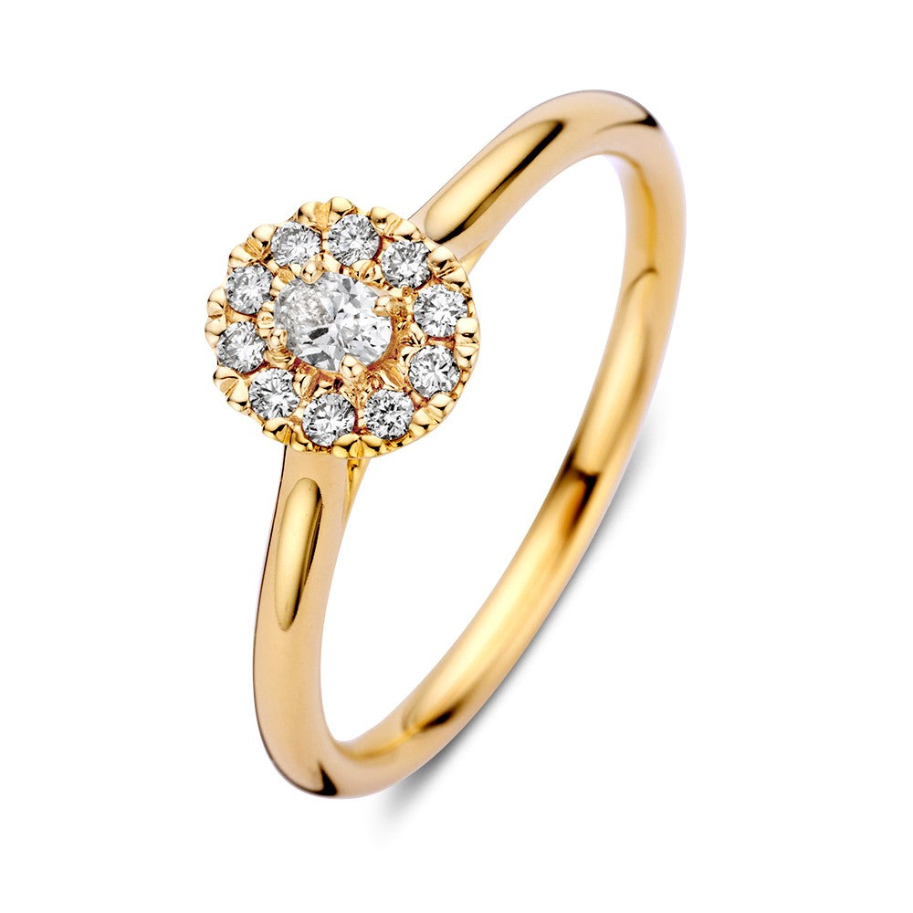 Anello in oro giallo 14k con diamanti, centro ovale e corona di brillanti.