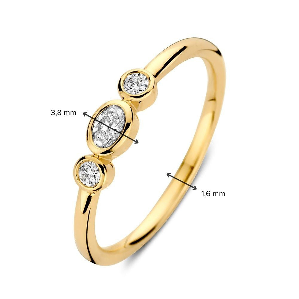 Anello a tre pietre in oro giallo 14k con diamanti ovali e taglio brillante