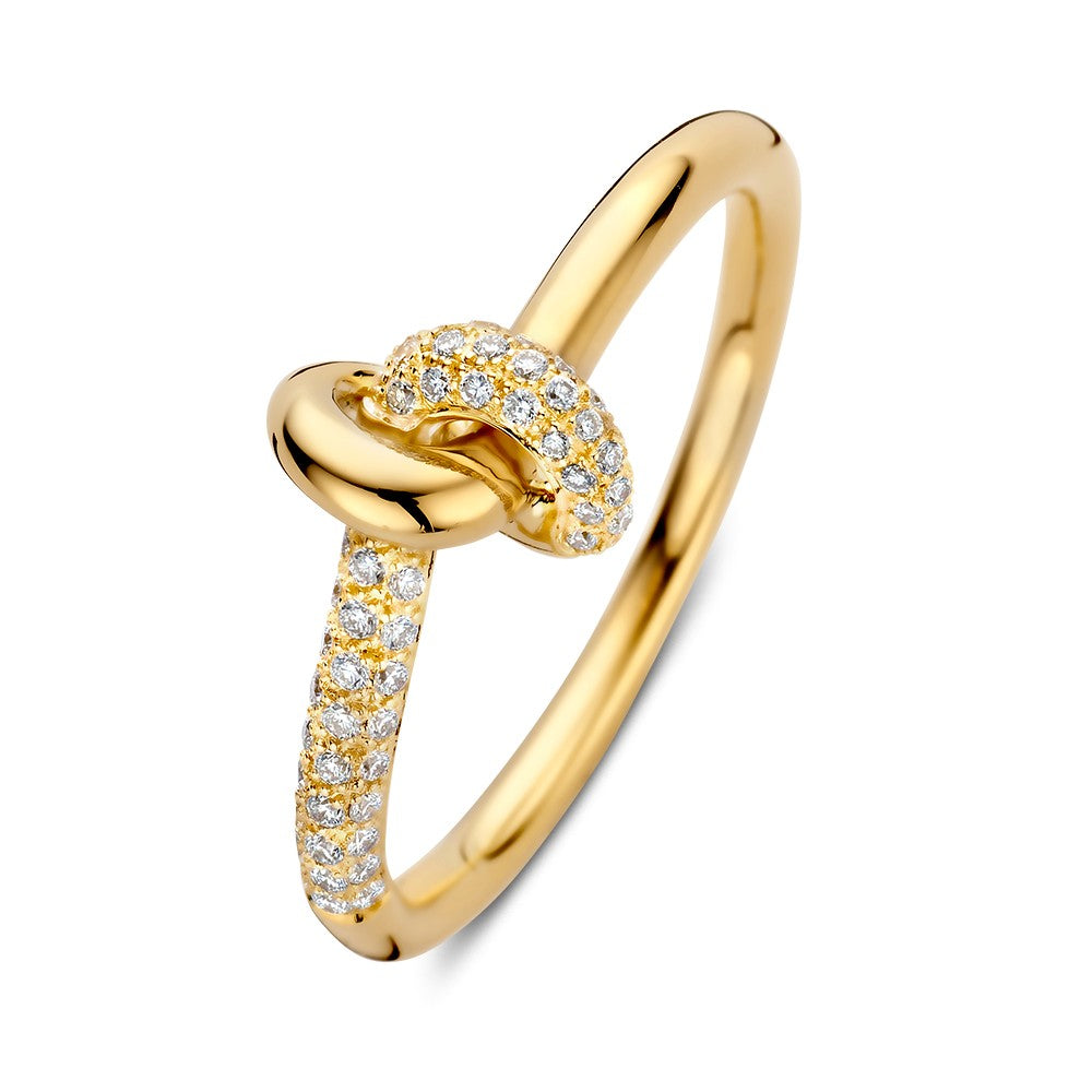 Anello in oro giallo elegante con diamante scintillante da 0,21 ct e design a nodo.