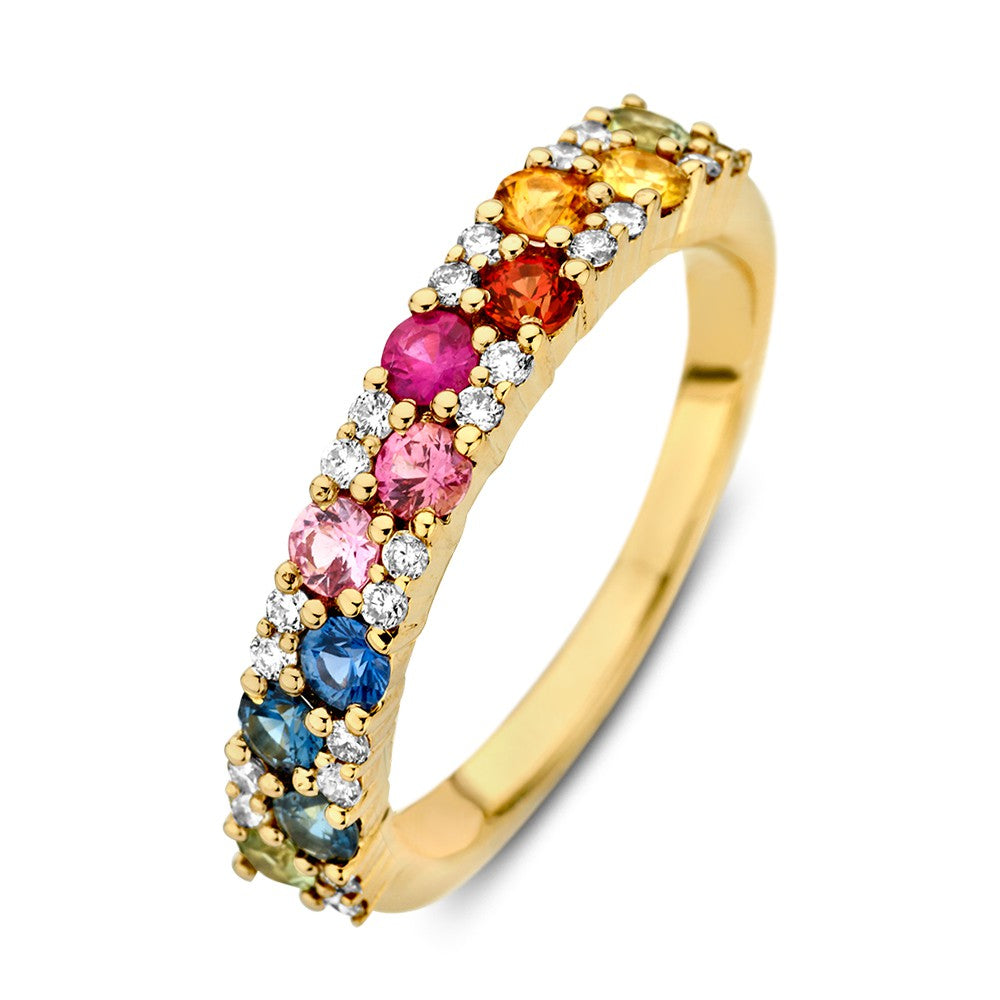 Anello in oro giallo con zaffiri rainbow e diamanti, design elegante e raffinato.