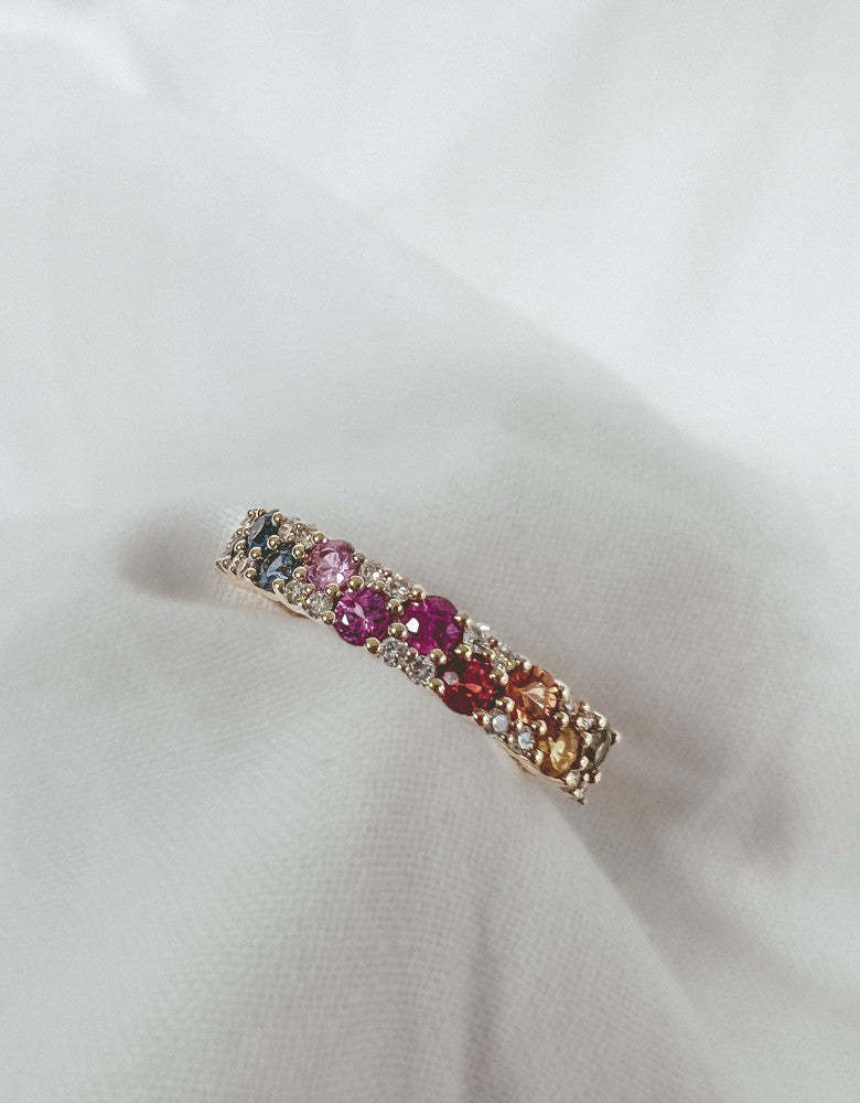 Anello in Oro Giallo con Zaffiro Arcobaleno e Diamanti – Lusso 14 Carati per Donna