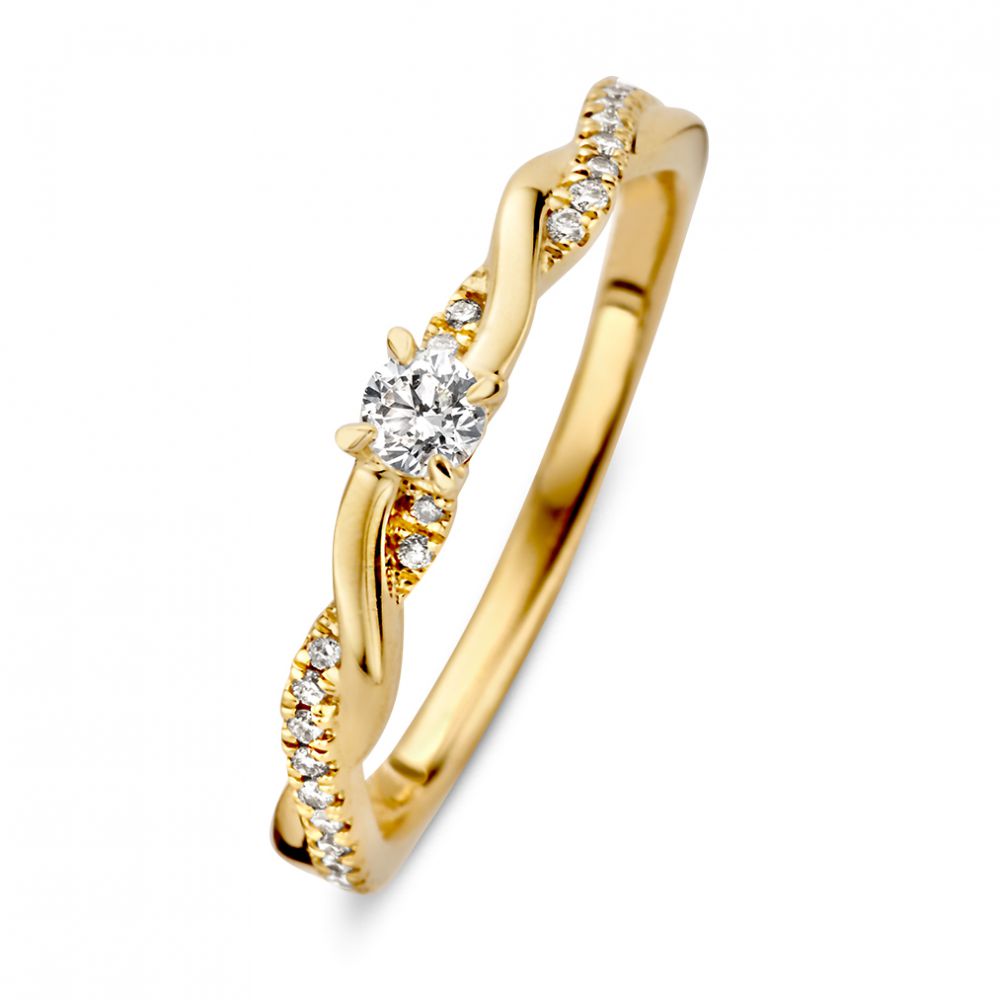 Anello in oro giallo con diamante brillante di 0,22 ct e dettagli incastonati.