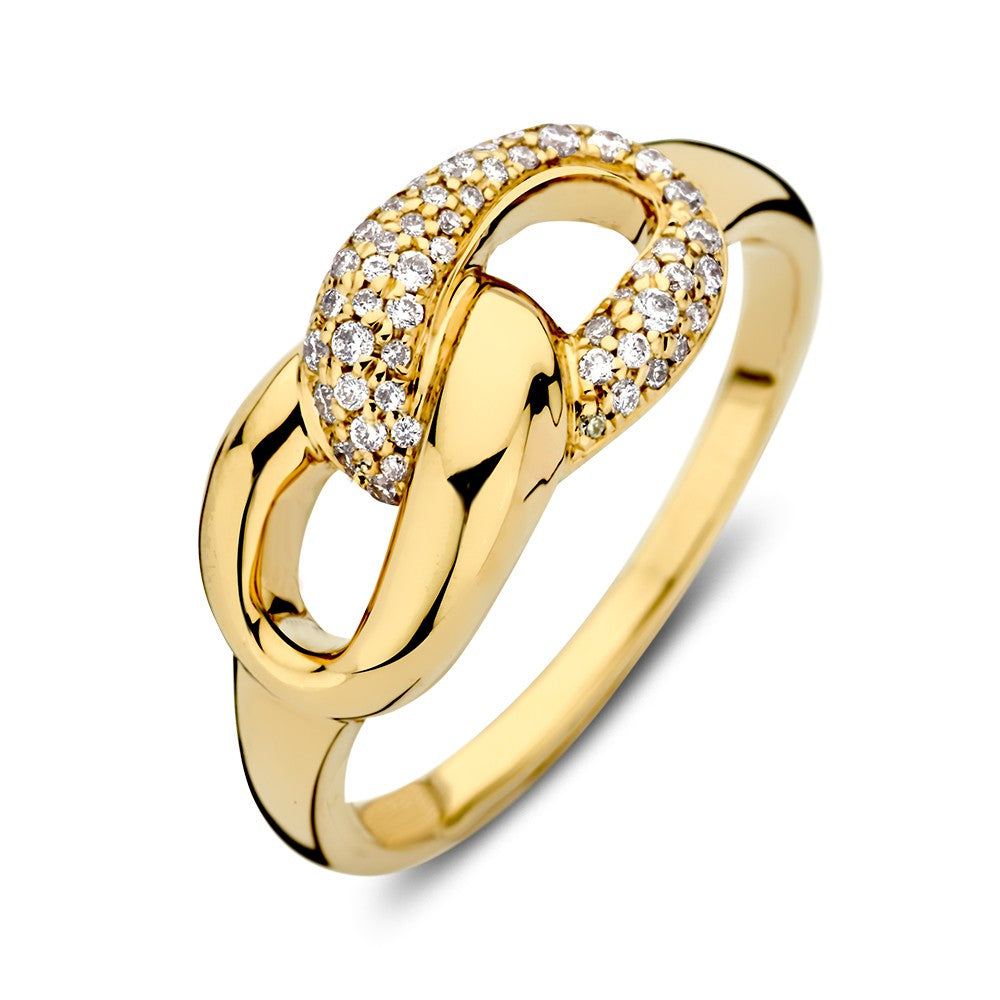Anello in oro giallo con anelli intrecciati e diamanti, finitura lucida.