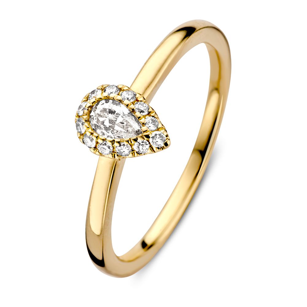 Anello in oro giallo elegante con diamante a forma di pera e zirconi.